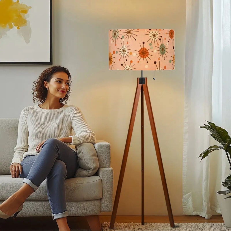 Floor Lamp with Pink Starburst Shade, Retro Style & Tapered Legs