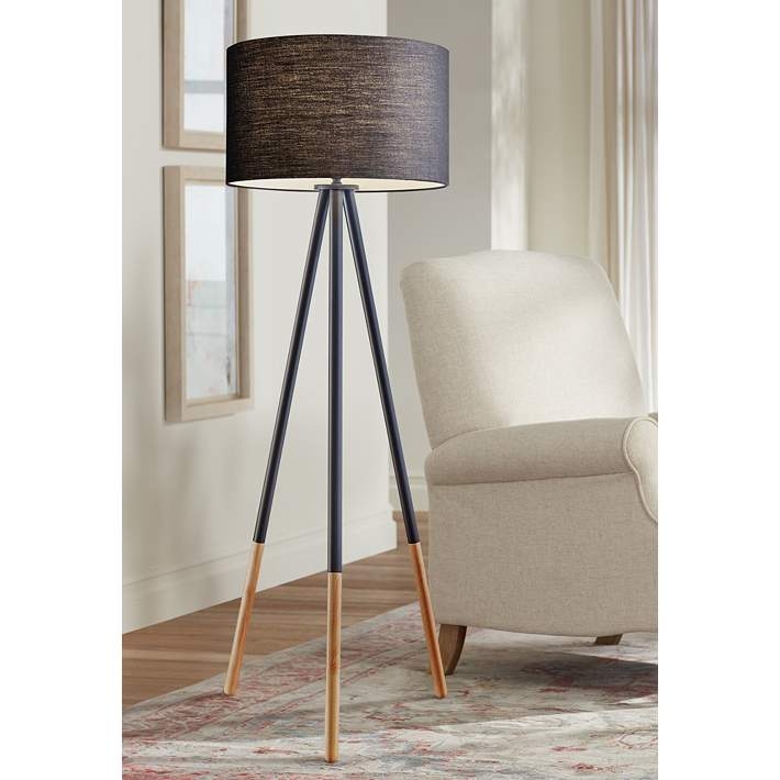 Floor Lamp with Pull Chain Switch, Black Drum Shade & Wood Toned Legs