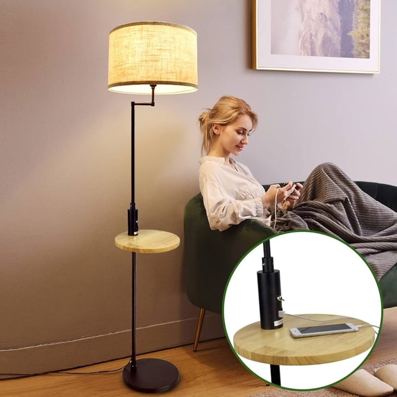 Floor Lamp with Pull Chain, Wood-Toned Table, Linen-Like Shade