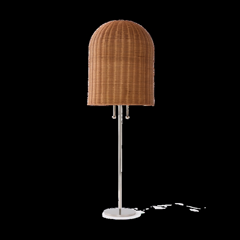 Floor Lamp with Rattan Bell Shade, Modern Nickel and Rattan Lighting