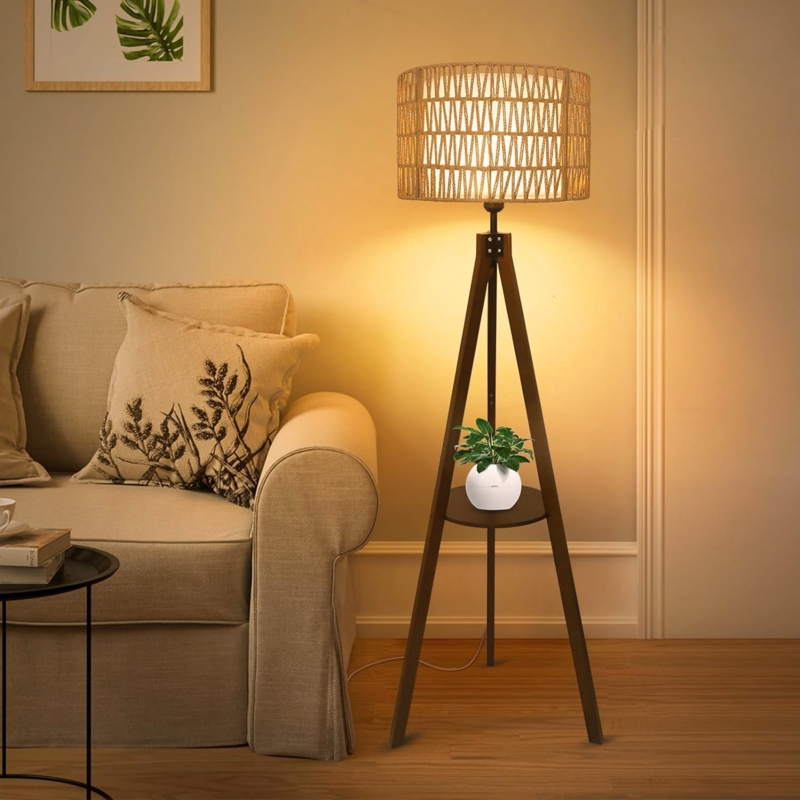 Floor Lamp with Rattan Drum Shade, Integrated Shelving & Boho Style