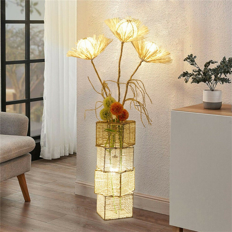 Floor Lamp with Rattan Shades, Gold Tree Arms Coastal