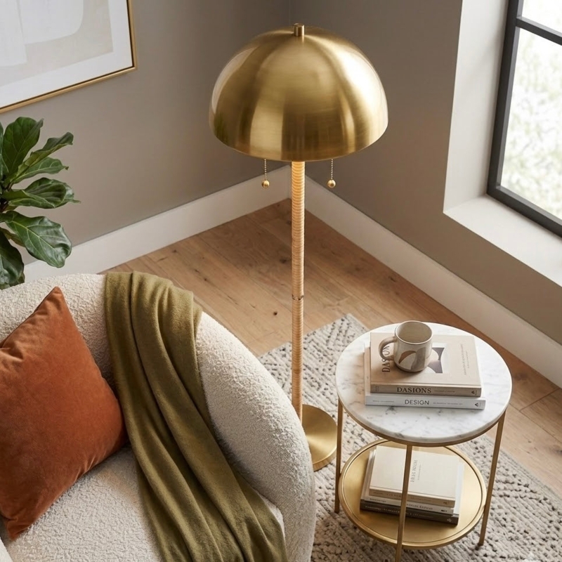 Floor Lamp with Rattan Wrapped Stem, Brushed Brass and Dual Globes