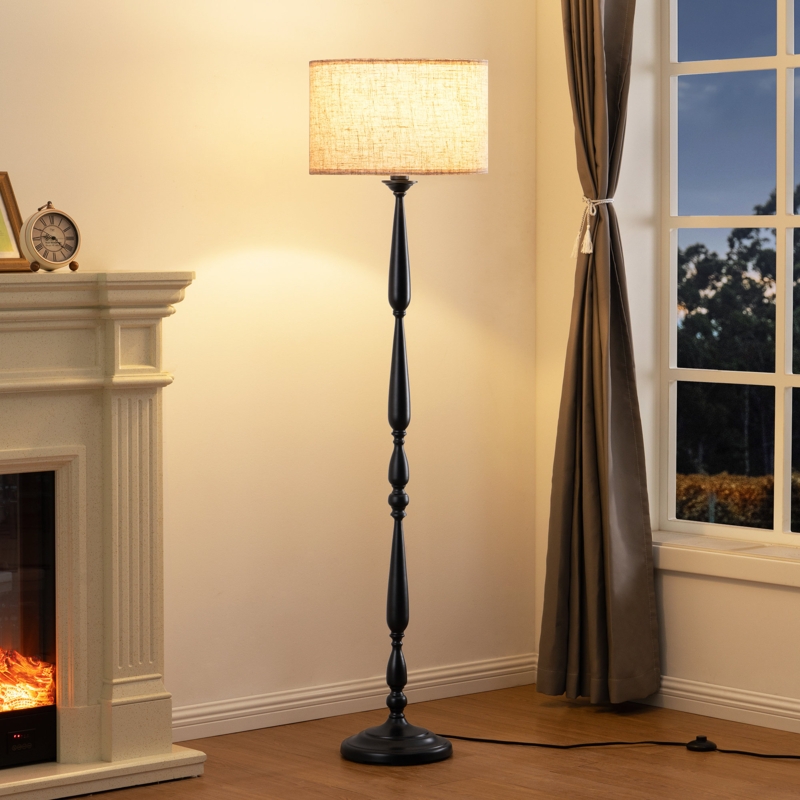 Floor Lamp with Remote Control, Matte Black Turned Pole Base, Drum Shade