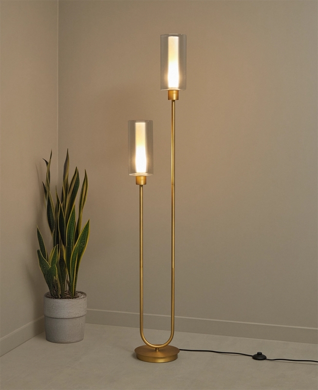 Floor Lamp with ribbed glass shade, metal stem, and stone base.