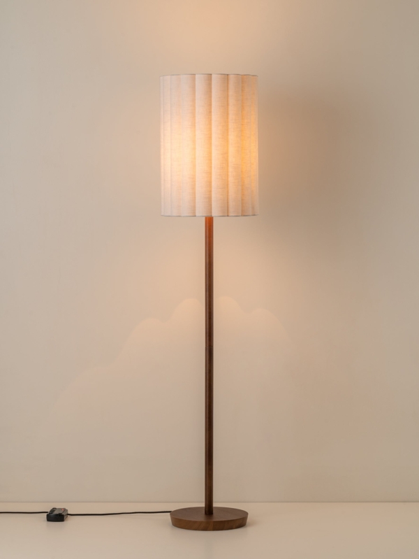 Floor Lamp with Scalloped Linen Shade and Turned Wood Base