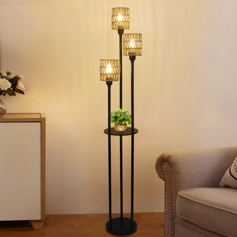 Floor Lamp with Shelves: Boho Triple Light Design and Rattan Shades