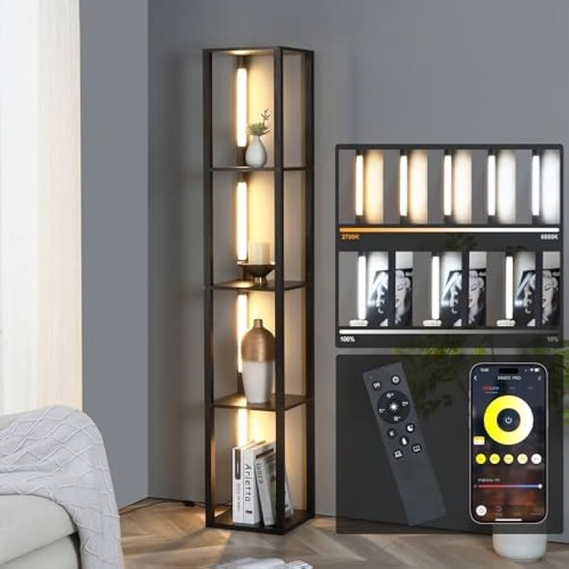 Floor Lamp With Shelves Matte Black Integrated LED Ring Modern Storage