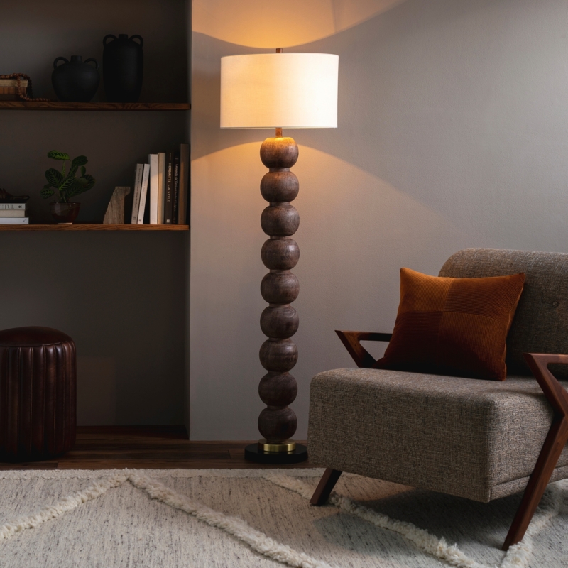 Floor Lamp with Stacked Bubble Stem and White Drum Shade