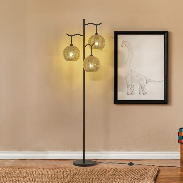 Floor Lamp with Staggered Lights Cage Shades Matte Black Industrial