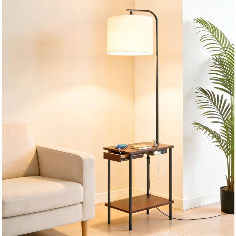 Floor Lamp with Storage Drawer, Charging Station, Walnut Brown