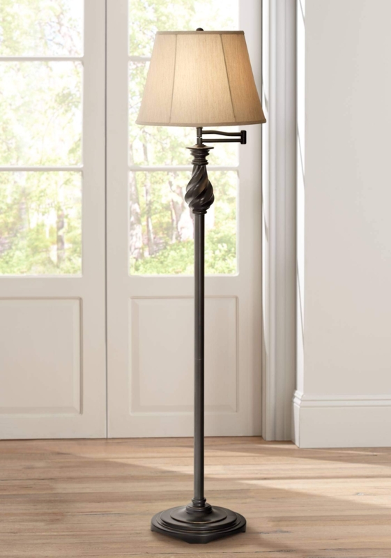Floor Lamp with Swirl Font Detail and Faux Silk Shade in Dark Bronze