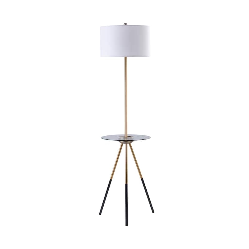 Floor Lamp with Tapered Legs, Natural Wood, Built-In Glass Table
