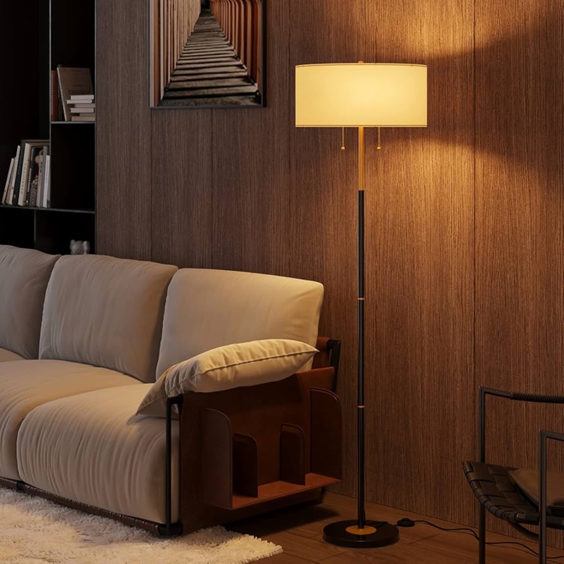 Floor Lamp with Tapered Wood Accents and White Fabric Drum Shades