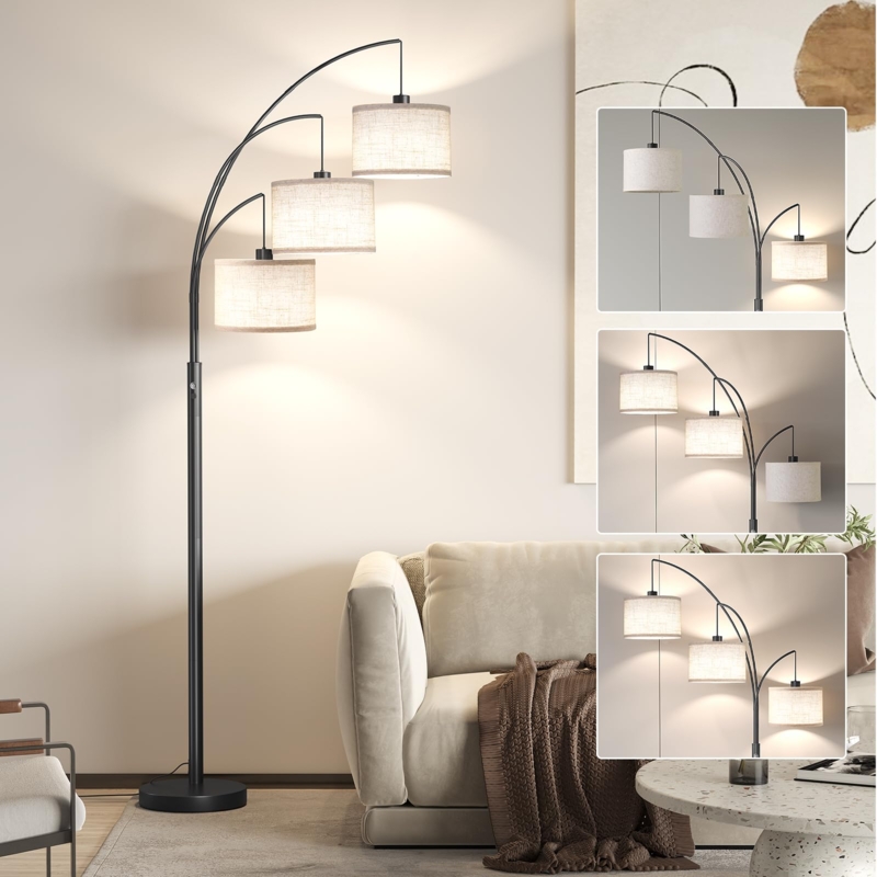 Floor Lamp with Three Hanging Drum Shades, Mid-Century Arc Design