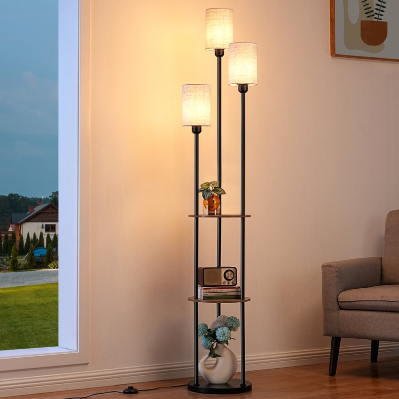 Floor Lamp with Three-Light Fixture and Exposed Industrial Bulbs