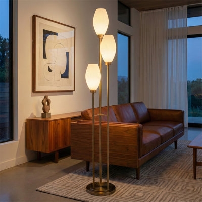Floor Lamp with Triple Globe Design, Opal Glass, Gold Finish