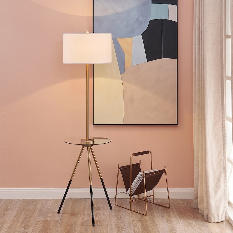 Floor Lamp with Tripod Base, Integrated Glass Table, USB, Metal Legs
