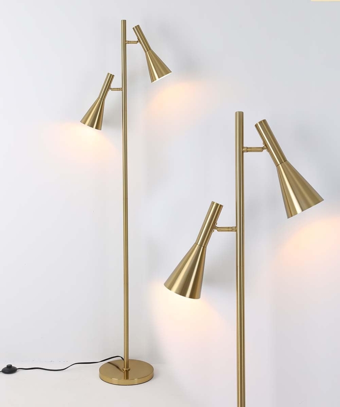 Floor Lamp with Two-Head Design, Gold Metal Finish and Swivel Shades
