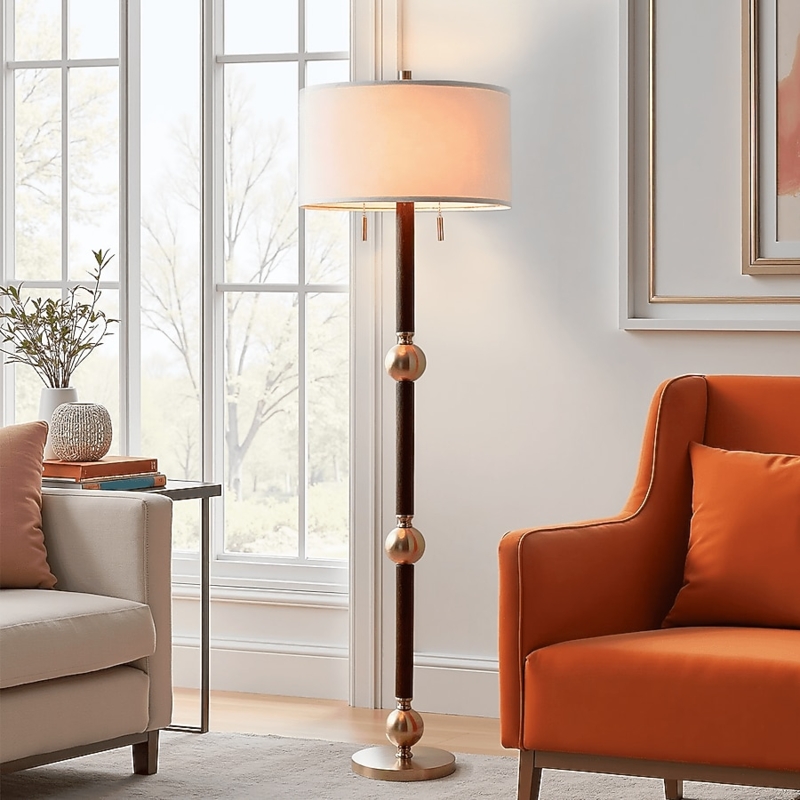 Floor Lamp with Walnut Wood Grain Pole and Dual Pull Chains