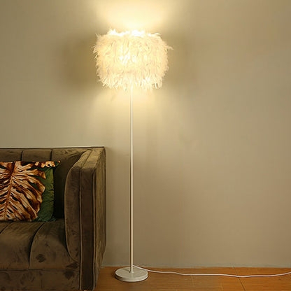 Floor Lamp with White Feather Drum Shade and Gold-Toned Stem