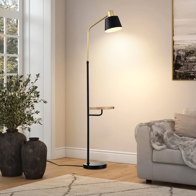 Floor Lamp with Wood-Toned Shelf, Marble Base, USB, Matte Black