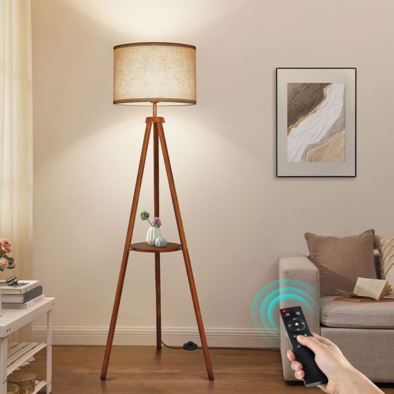 Floor Lamp with Woven Shade, Medium Oak Finish & Integrated Shelves
