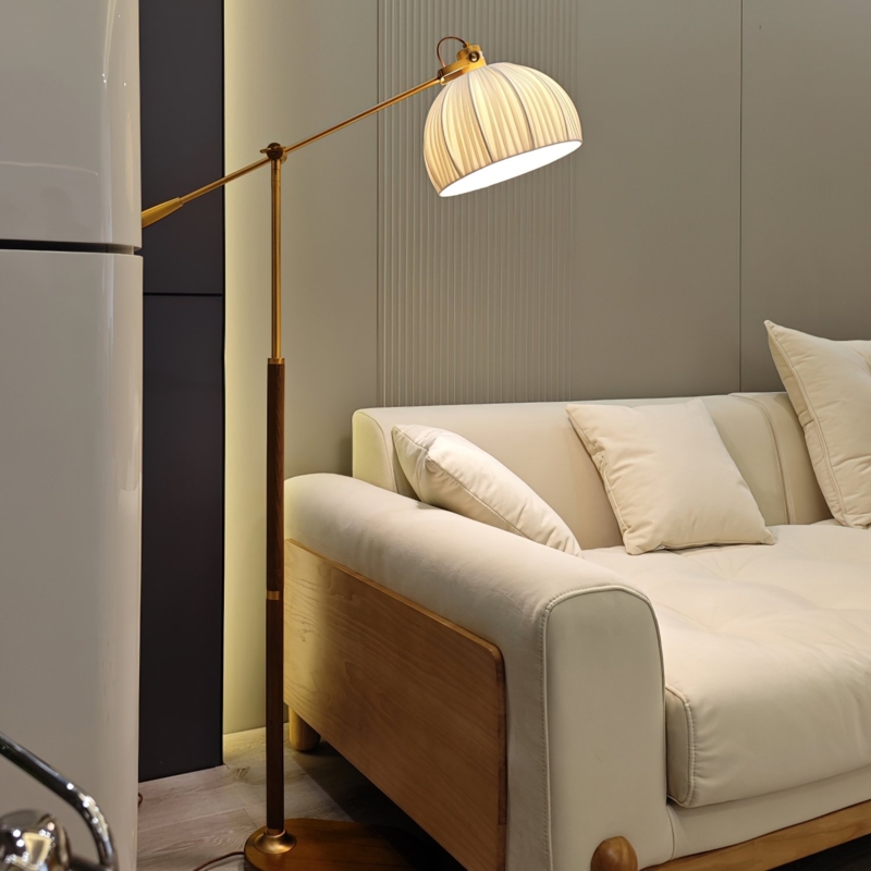 Floor Lamp Wood Accent Stem Pleated Shade Retro Living Room Corner