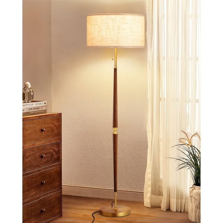 Floor Lamp Wood and Gold Pull Chain Drum Shade Mid Century