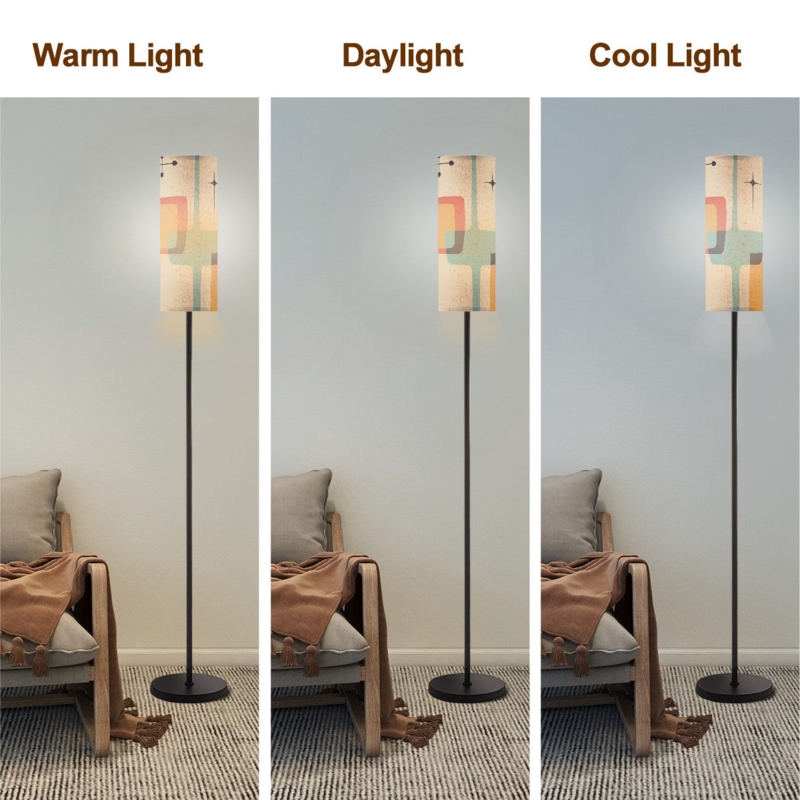 Floor Lamp Wood Geometric Cutout Shade Slim Mid-Century Reading Nook