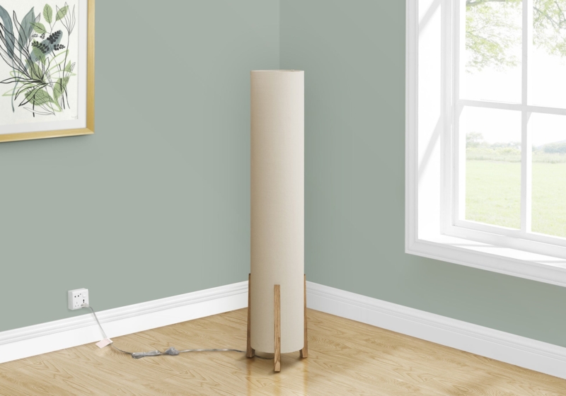 Floor Lamp Wood Look Tripod Base Fabric Shade Mid Century Light