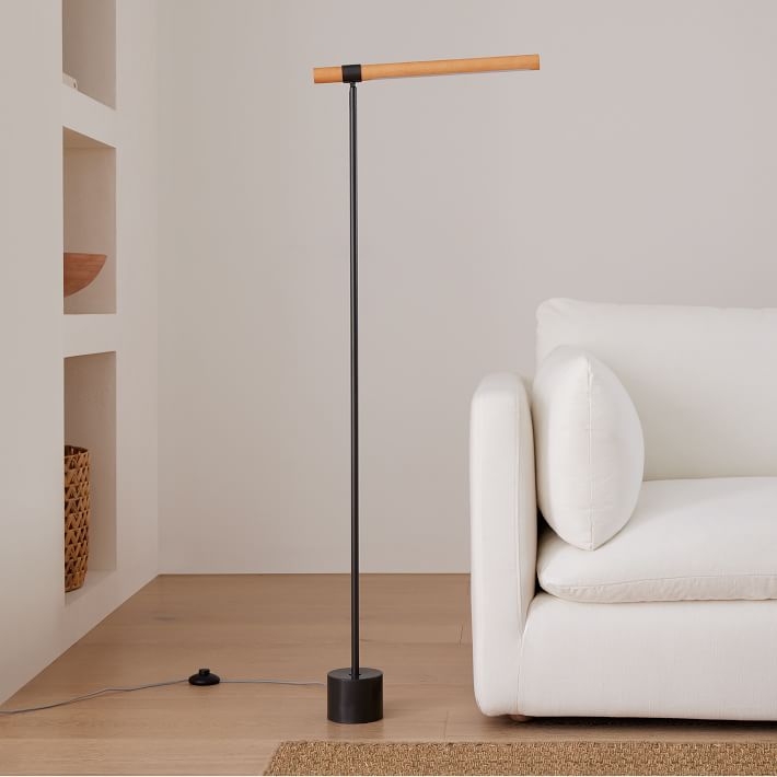 Floor Lamp Wood Pillar LED Antique Bronze Frame Minimalist Design