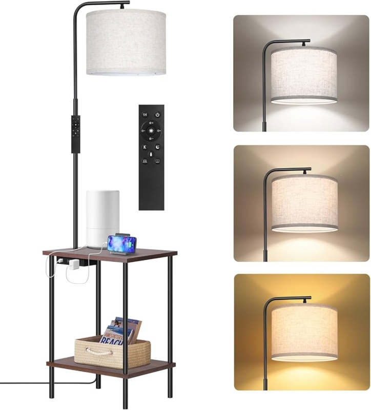 Floor Lamp Wood Table Charging Port Drum Shade Multifunctional