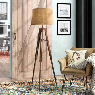 Floor Lamp Wood Toned Legs Tripod Base Drum Shade Transitional
