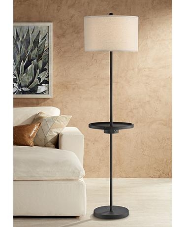 Floor Lamp Wood Toned Tray Table Built In Outlet Drum Shade