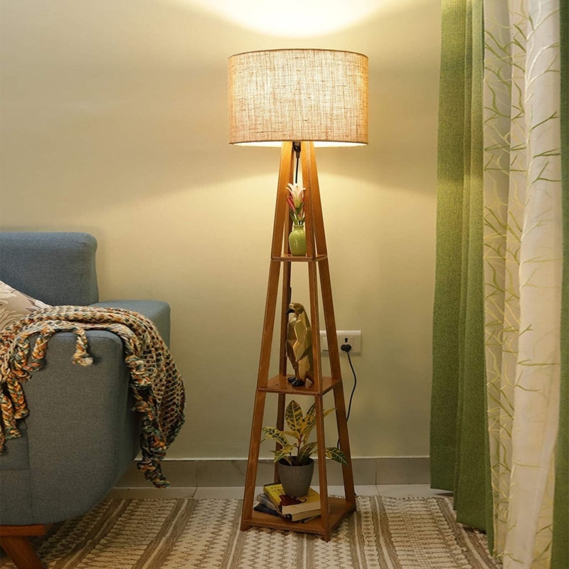 Floor Lamp: Woven Jute Shade & Plywood Tripod Base Natural Texture