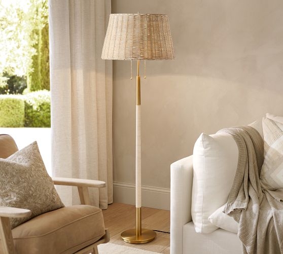 Floor Lamp Woven Rattan Drum Shade Natural Wood Tone Base Coastal