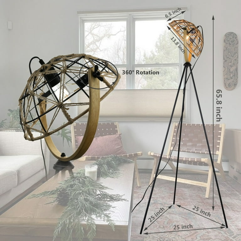 Floor Lamp Woven Rattan Shades Tripod Base Bohemian Farmhouse Lighting