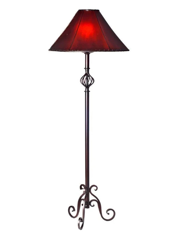 Floor Lamp Wrought Iron Scrollwork Whipstitched Shade Rustic