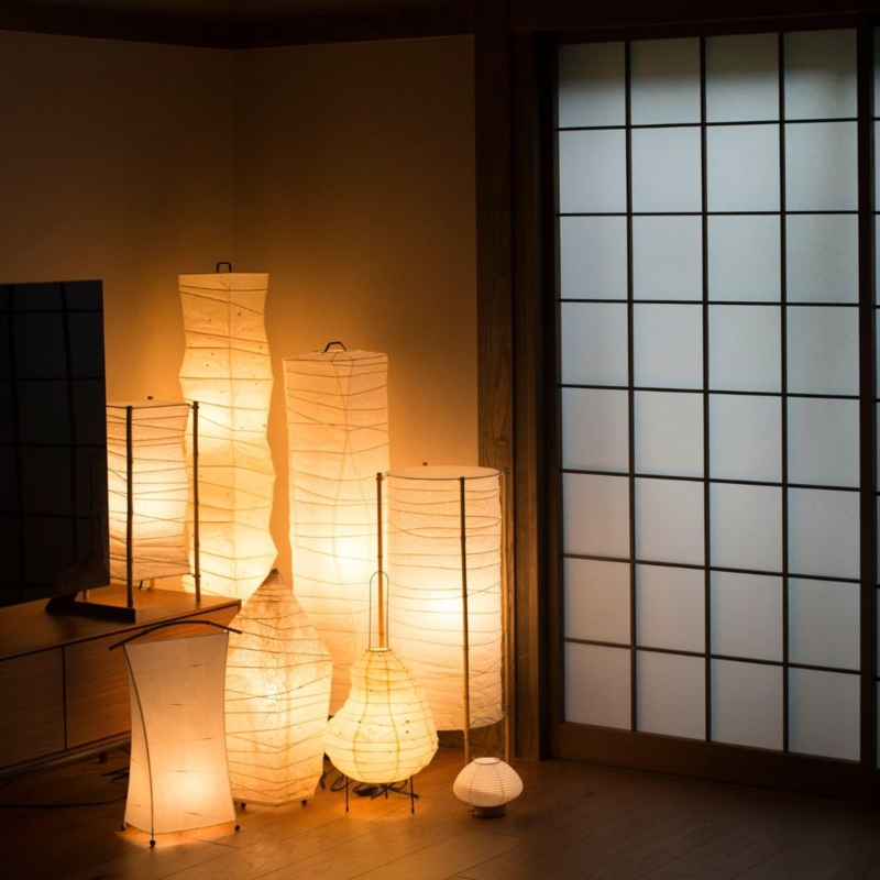 Floor Lamp: Zen Aesthetic Washi Paper, Low Profile Design.