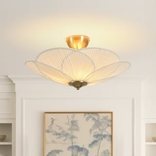 Floral Bloom Flush Mount Fixture with White Ribbed Fabric Petals
