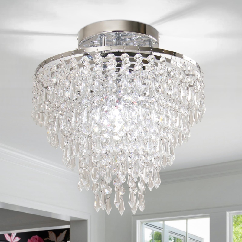 Flush Mount Crystal Chandelier 5-Tier Raindrop Prisms Chrome