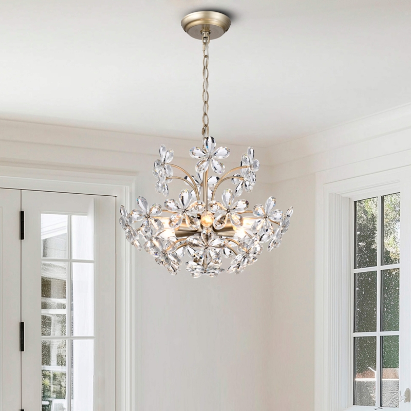 Flush Mount Light: Brushed Champagne Finish Flower Crystal Accents