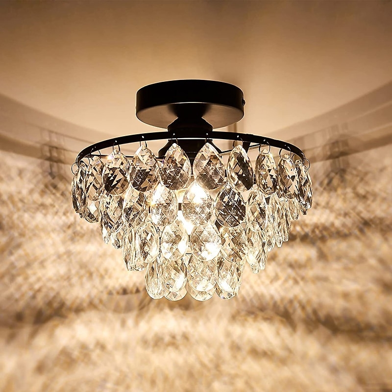 Flush Mount Light Faceted Crystal Drops Polished Chrome Ceiling Lamp