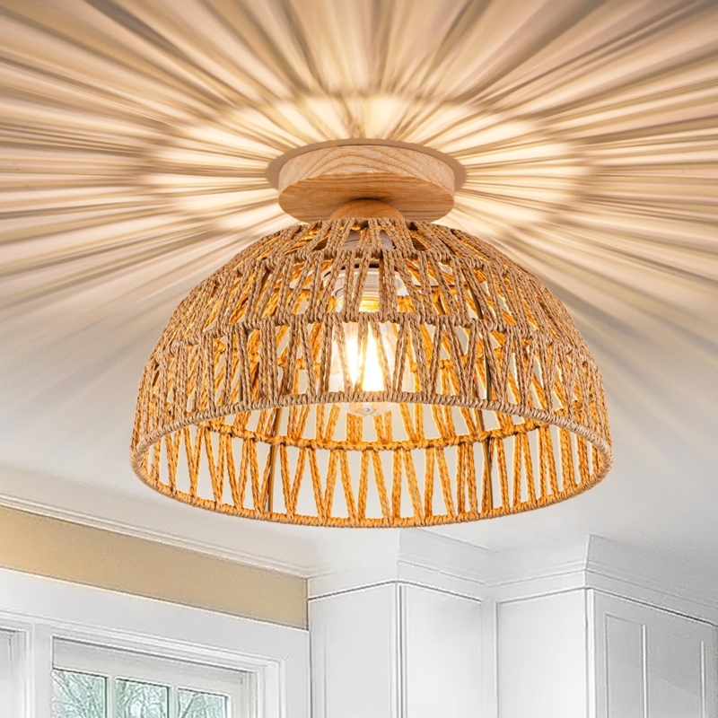Flush Mount Light Hand Woven Rattan with Wooden Canopy Base