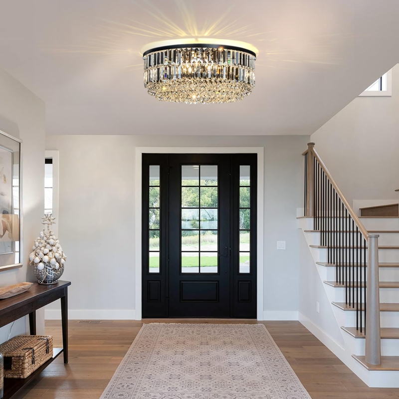 Flush Mount Light Matte Black Tiered Frame Crystal Prisms