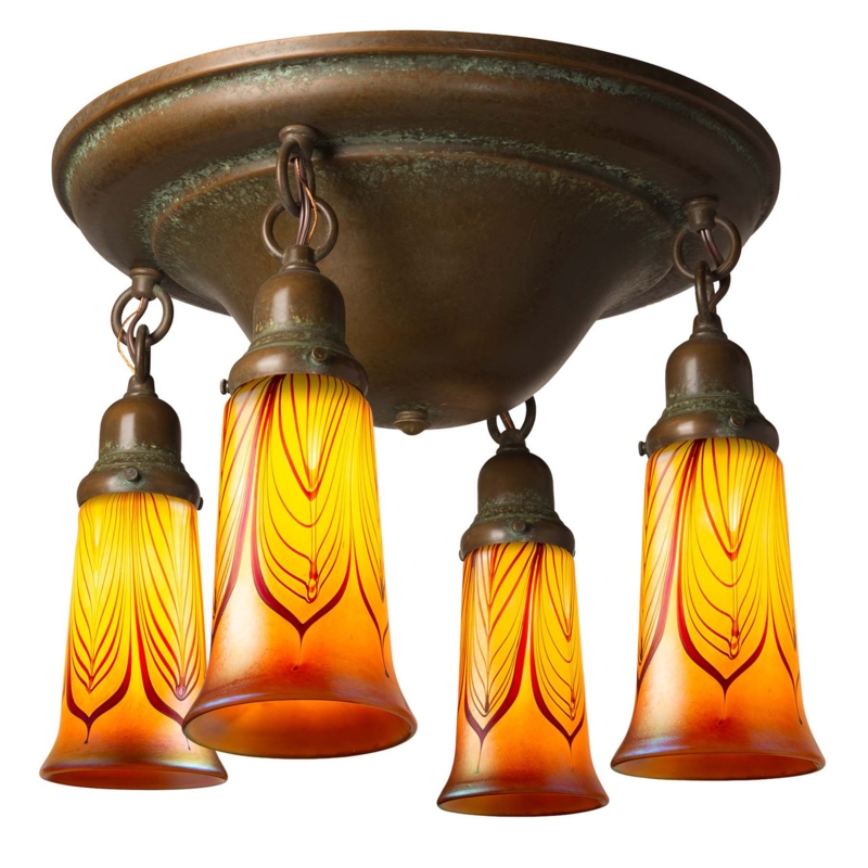 Flush Mount Light: Round Craftsman with Amber Glass & Geometric Strapping
