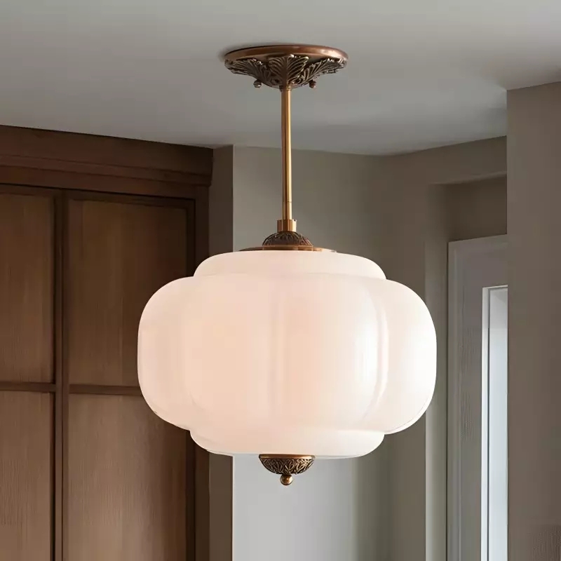 Flush Mount Light Semi-Flush Milk Glass Scalloped Edge Brass Hardware