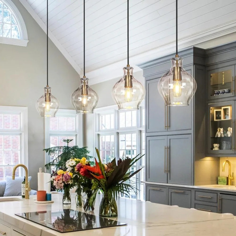 Fluted Glass Globe Pendant Light with Polished Gold Stem for Kitchen