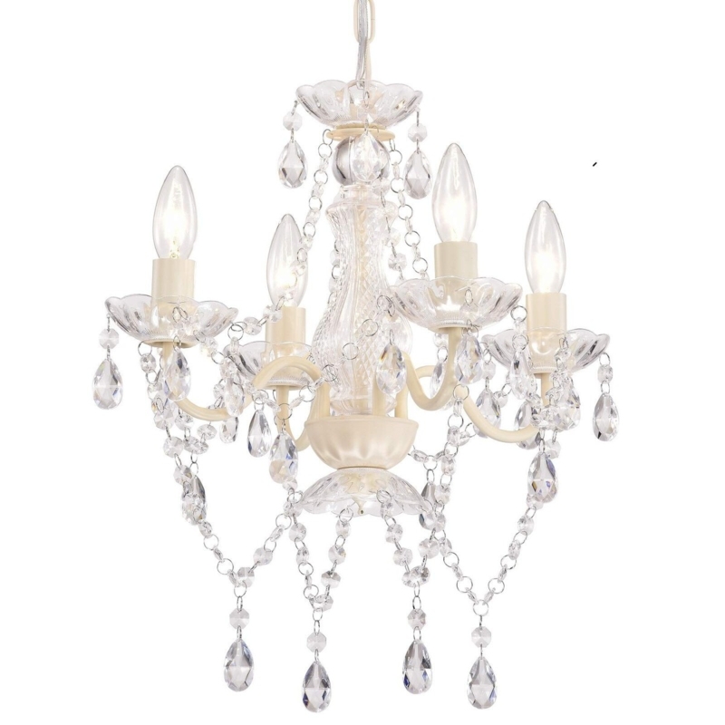 Four Light Chandelier White Scroll Arms Acrylic Beaded Detail